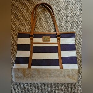 Younique Blue and White Striped Tote with Leather Accents